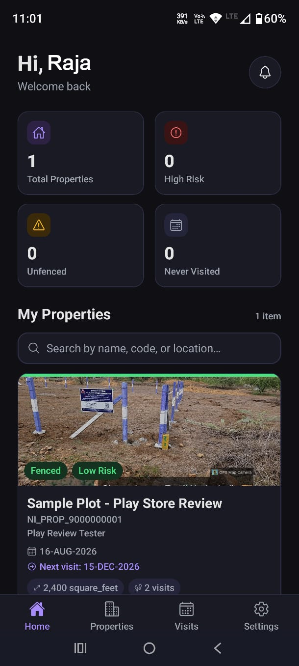 Nilam Insights app home screen showing property risk overview